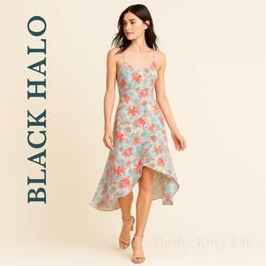 Black Halo Floral Hi Lo Asymmetric Ruffle Midi Dress Pink White Blue Summer 4